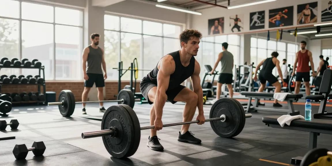 Prime Pharma Steroids in een moderne sportschool waar een atleet deadlifts met zware gewichten, omringd door trainingsapparatuur.