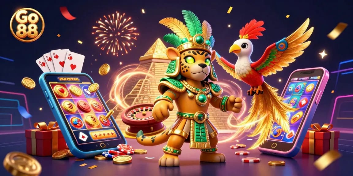 Experience Go 88 with this vibrant 3D illustration of a jaguar priest, colorful slot games, and gaming excitement.