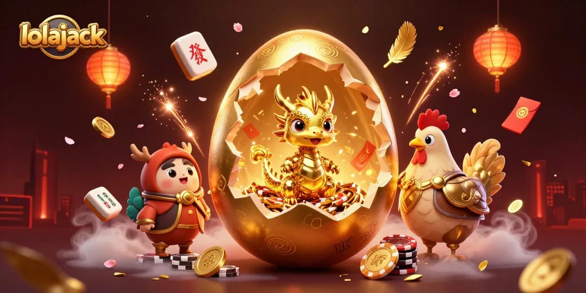 Engage with lolajack's winning atmosphere featuring a golden dragon guarding poker chips in a vibrant casino scene.