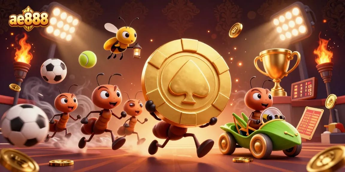 Experience the exhilarating world of ae888 with ants in a casino heist, showcasing golden poker chips and vibrant sports action.
