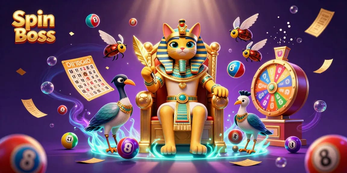 Spin Boss depicts a vibrant 3D casino scene with a pharaoh cat, lottery elements, and golden prizes.