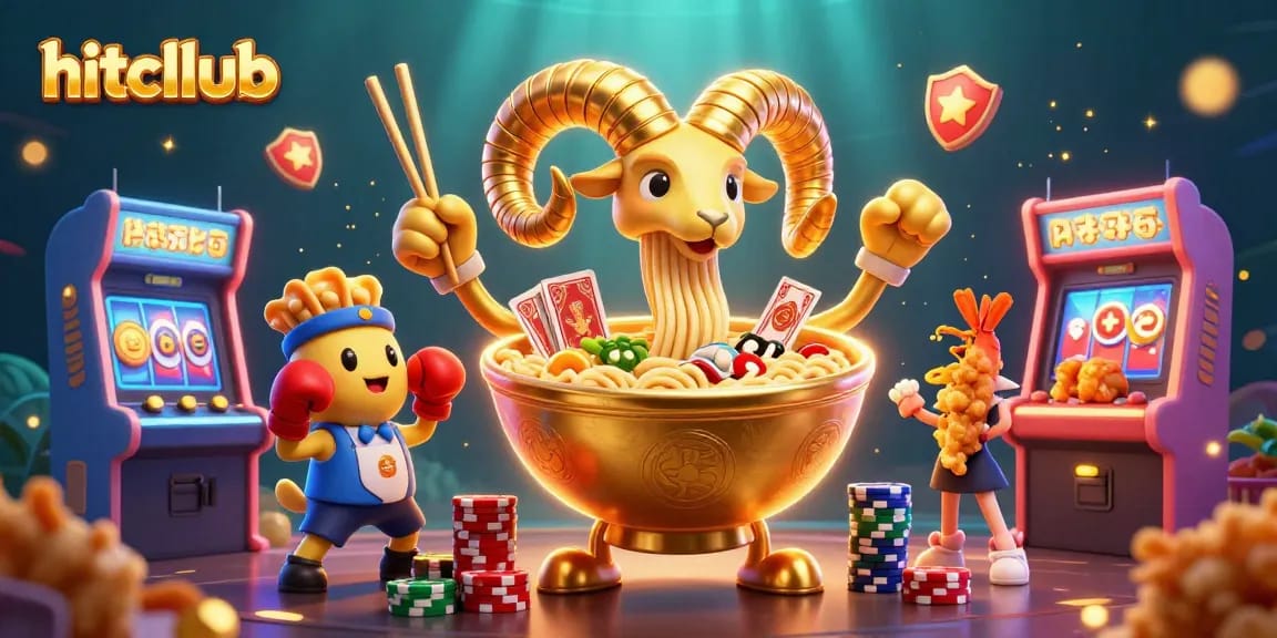 Experience the thrill of hitting wins at hitcllub, with a vibrant casino scene filled with animated characters, colors, and games.