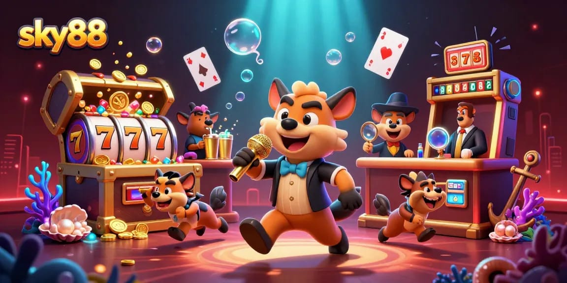 Engage with sky88 in this vibrant 3D illustration, showcasing lively casino action.