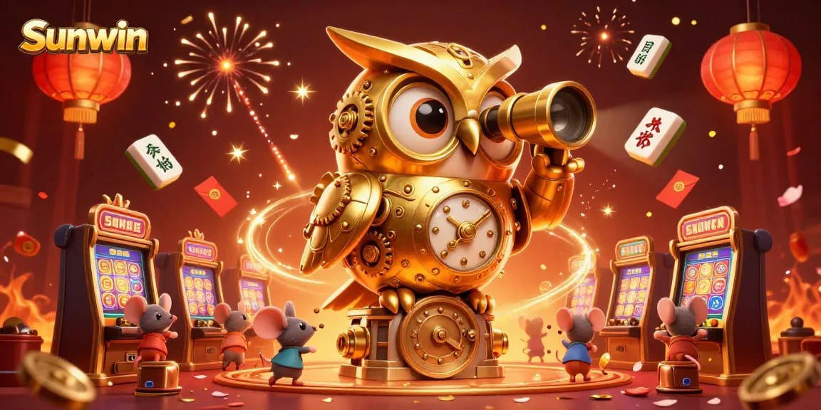 Sunwin players engaging in thrilling games as a golden owl oversees the lively casino atmosphere.