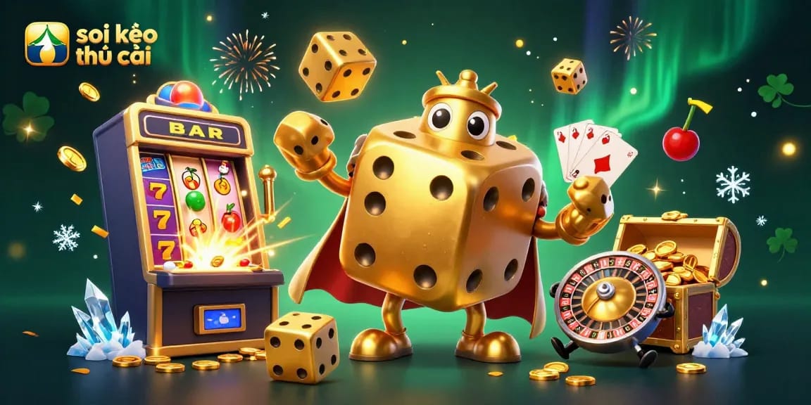 soi kèo nhà cái illustration with a golden dice golem juggling dice amidst casino elements.