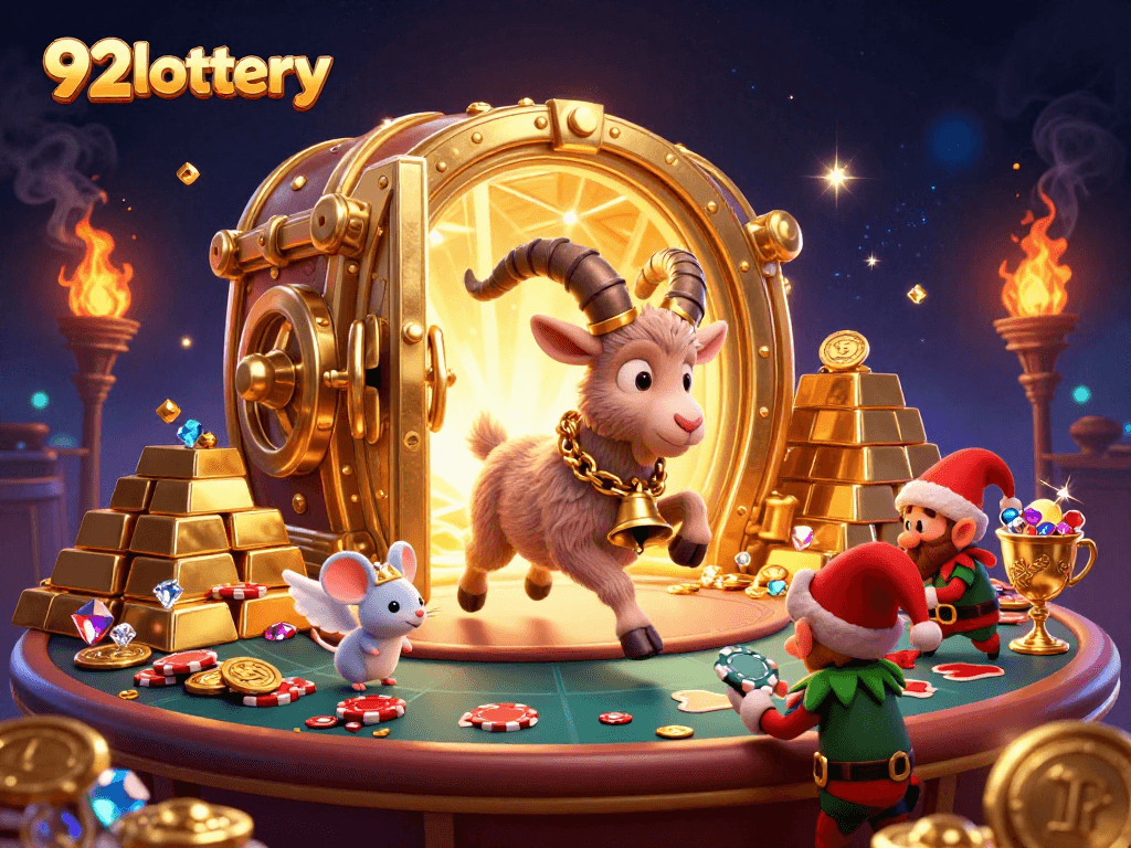 Engage in thrilling gameplay at 92lottery while mischievous gremlins steal poker chips in a festive casino scene.