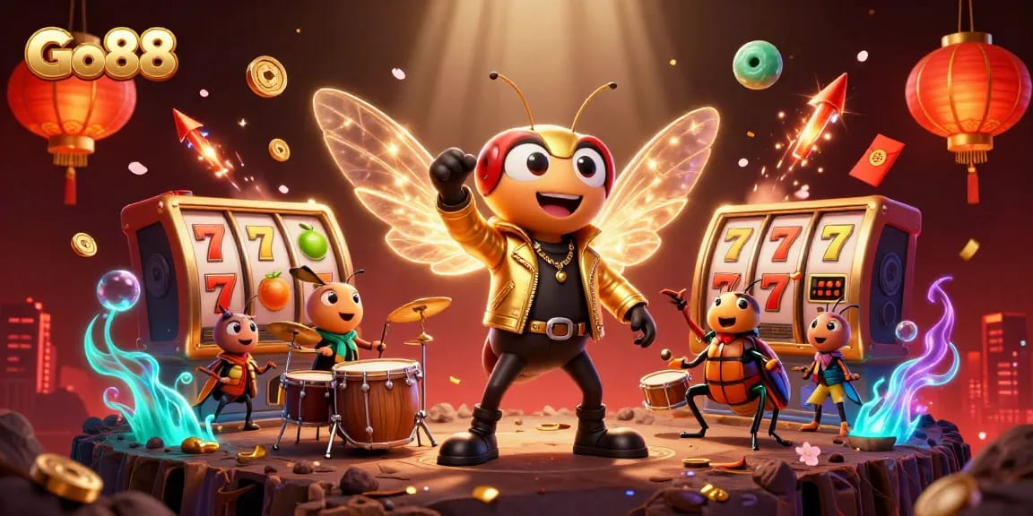 Experience Go88's vibrant casino excitement with cartoon rock star characters and dynamic slot game elements.