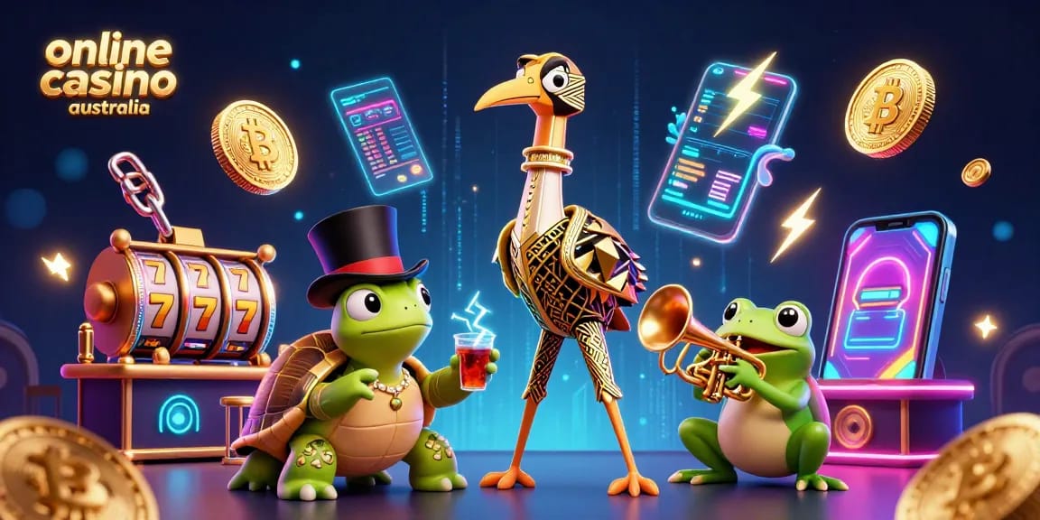 Engage with online casino Australia through lively gameplay featuring unique casino characters and crypto elements.