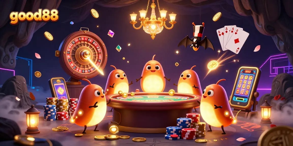 Experience big wins at good88 with a vibrant casino scene featuring bioluminescent glowworms and a bat dealer.
