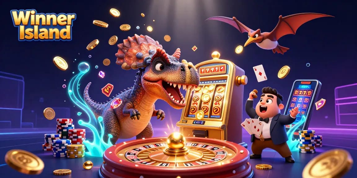 Winning big at the casino: Winner Island shows a dinosaur headbutting a jackpot slot machine.