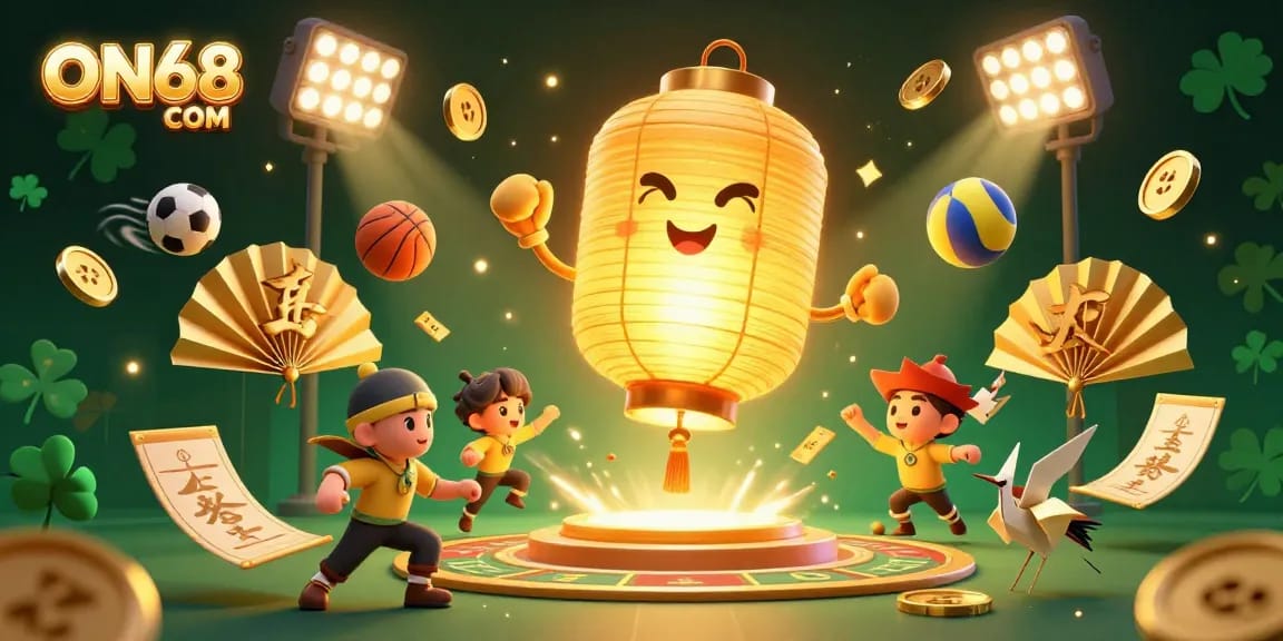 Engage in thrilling gaming adventures with ON68 COM at a dynamic casino featuring vibrant golden visuals and exciting sports elements.