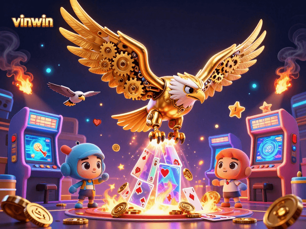 Engage with vinwin’s immersive gaming experience featuring a cybernetic eagle amidst vibrant casino elements.