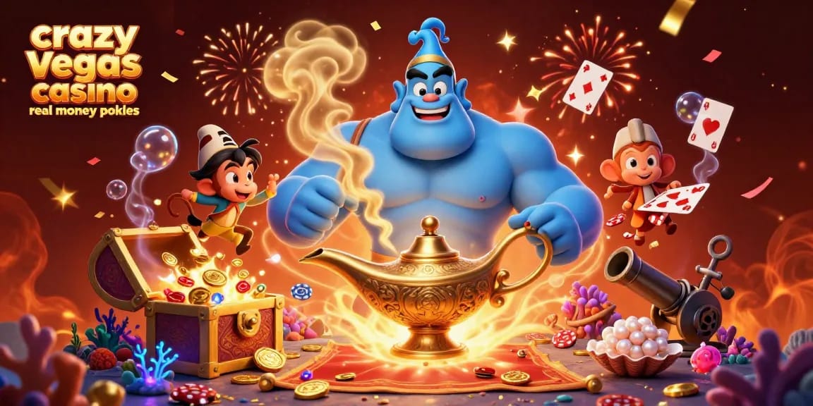 Spin to win at crazy vegas casino real money pokies with a vibrant genie and poker chips.