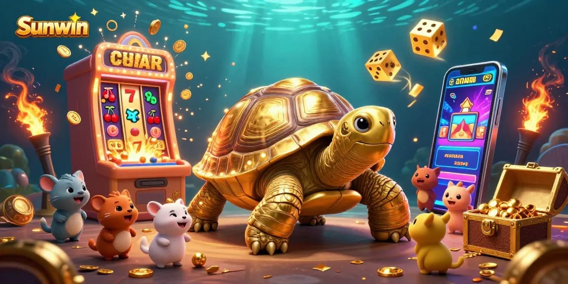 Sunwin engages gamblers with a vibrant scene featuring a colossal tortoise pinball machine amidst slot machine jackpots.