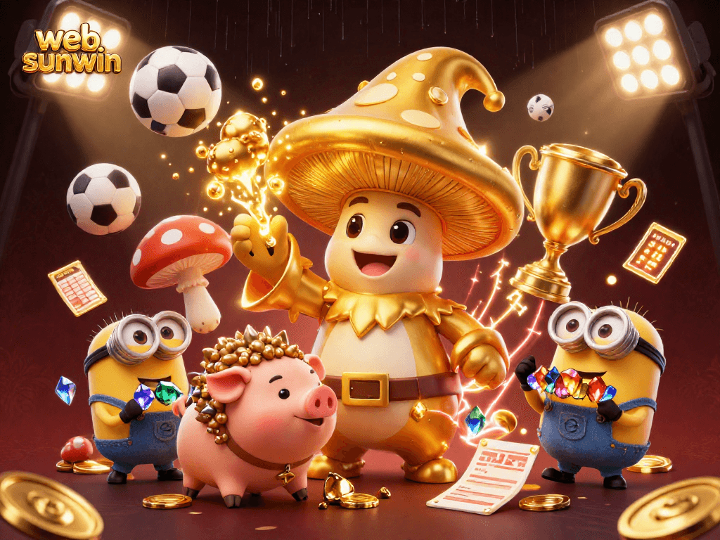 Experience web sunwin's lively casino atmosphere with golden characters and dynamic sports elements.