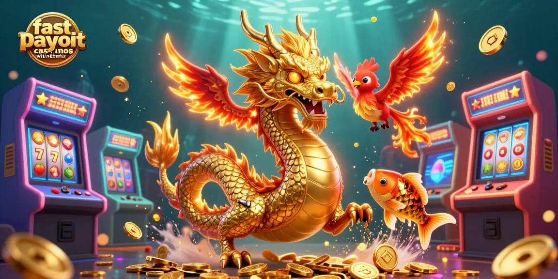 Experience fast payout casinos in Australia with this vibrant cartoon illustration of a golden dragon.