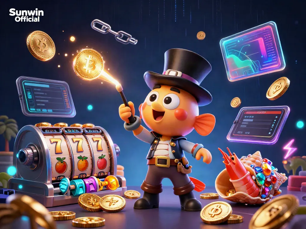 Experience the thrill of Sunwin Official with 3D characters revealing treasures in a vibrant casino world.
