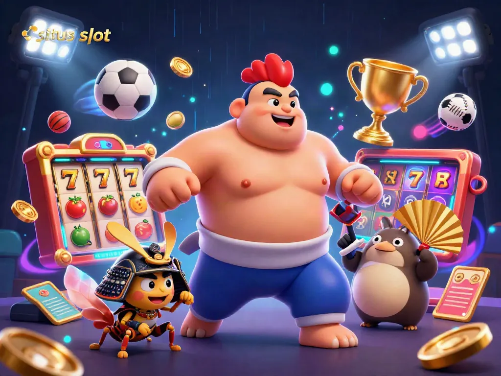 Engage in situs slot action with a sumo wrestler, samurai cricket, and tanuki announcer in dynamic casino setting