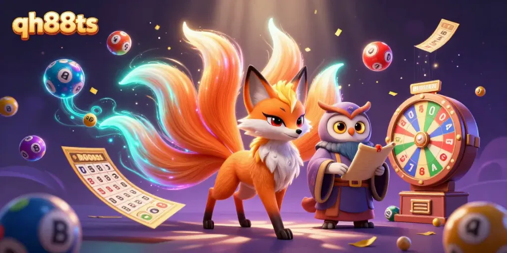 Engage with exciting lotteries and vibrant games at qh88ts featuring a magical scene of fox spirits and dynamic lottery elements.