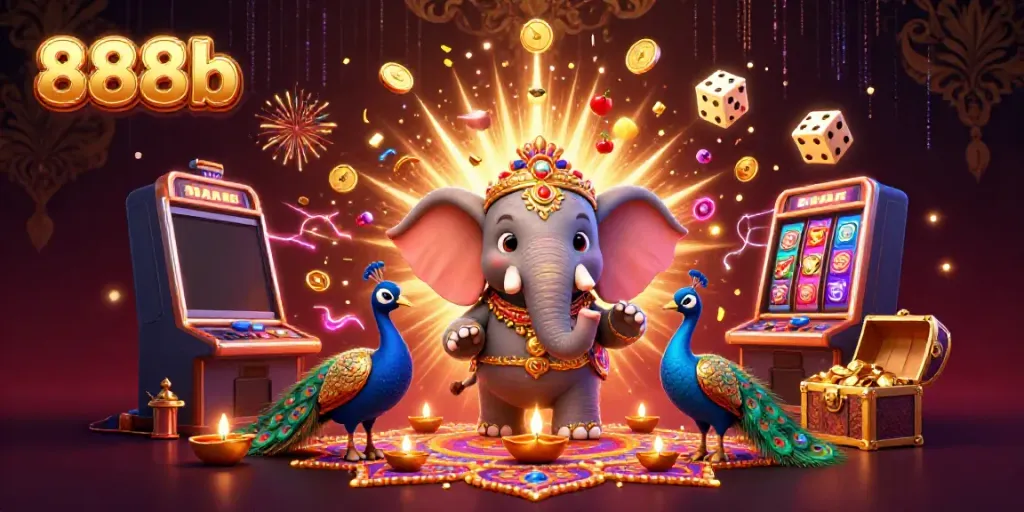 Engage with 888b's dynamic online casino experience featuring vibrant 3D illustrations of celebratory elements.