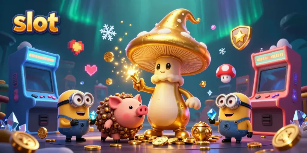 Experience thrilling slot games with vibrant jewels and a whimsical wizard in action.