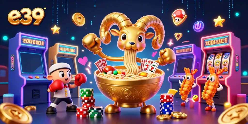 Experience the thrill of e39 with a vibrant casino-themed illustration featuring animated characters and gaming elements.