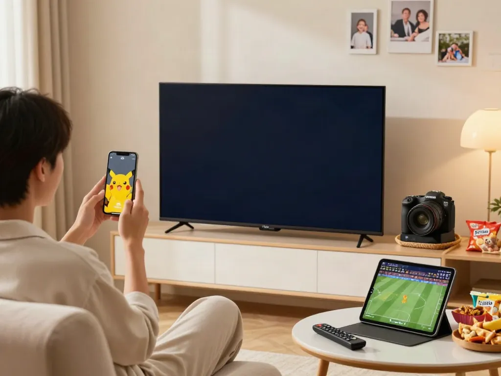 Downloading the PickAShow Pikachu App in a cozy home setting with snacks and entertainment.
