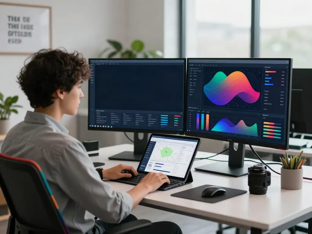 Data analyst using a GEO tool in a modern office workspace.