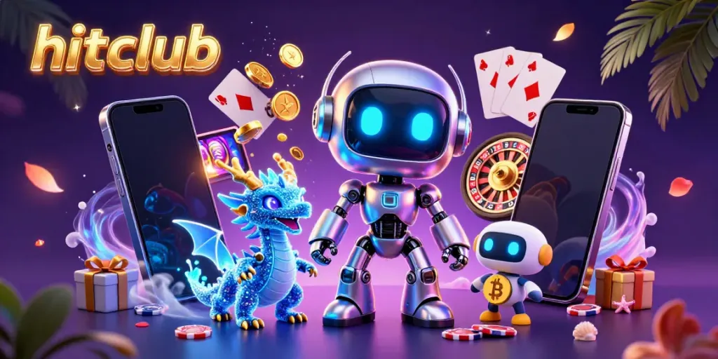 Engage with hitclub's thrilling gaming experience through vibrant 3D characters in an animated casino scene.