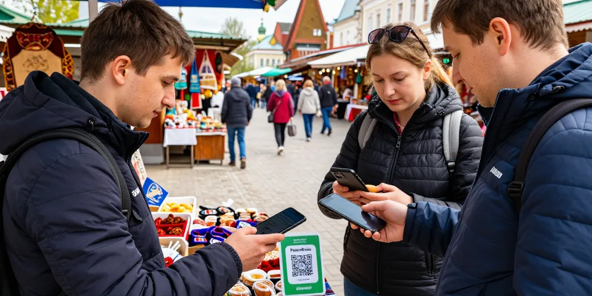 Toeristen gebruiken https://payinrussia.com/ voor digitale betalingen op een lokale markt in Rusland, omringd door kleurrijke kraampjes.