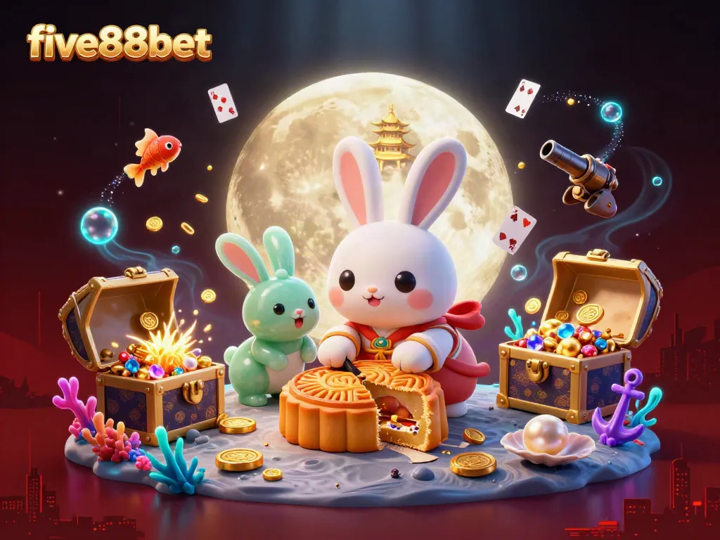 Witness the vibrant universe of five88bet where a moon rabbit pounds mooncakes to reveal poker chips in a dynamic casino setting.