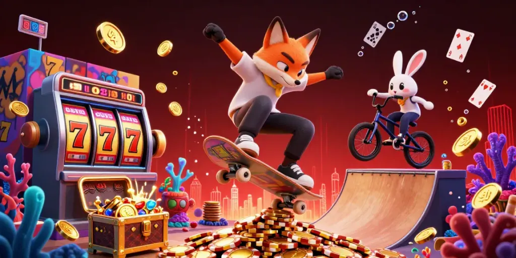 Experience the excitement of situs slot with vibrant cartoon foxes themed around jackpots and casino games.