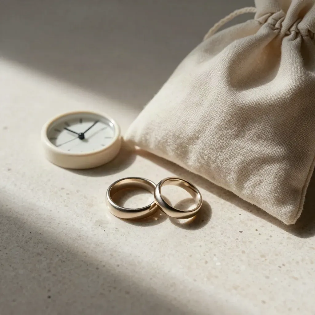 Twee ringen met een klokje en linnen zakje op travertin in zacht ochtendlicht.