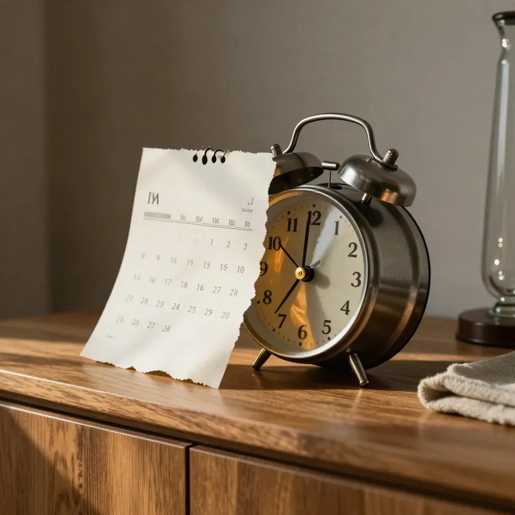 Op een houten sideboard vallen kalenderblad, wekker en keramische maanschijf samen in warm licht.