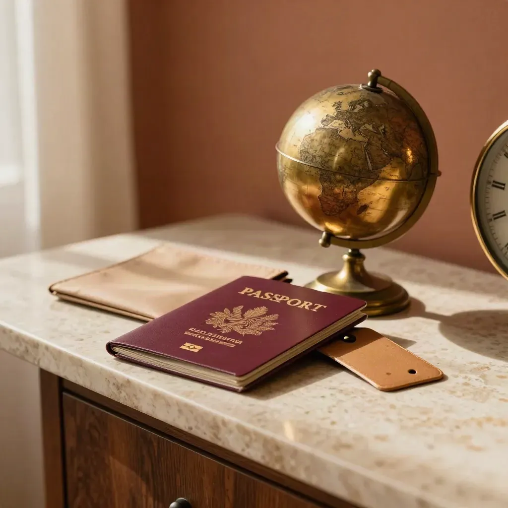 Paspoort, reisetui, kleine globe en kofferlabel op travertin bij warm raamlicht.