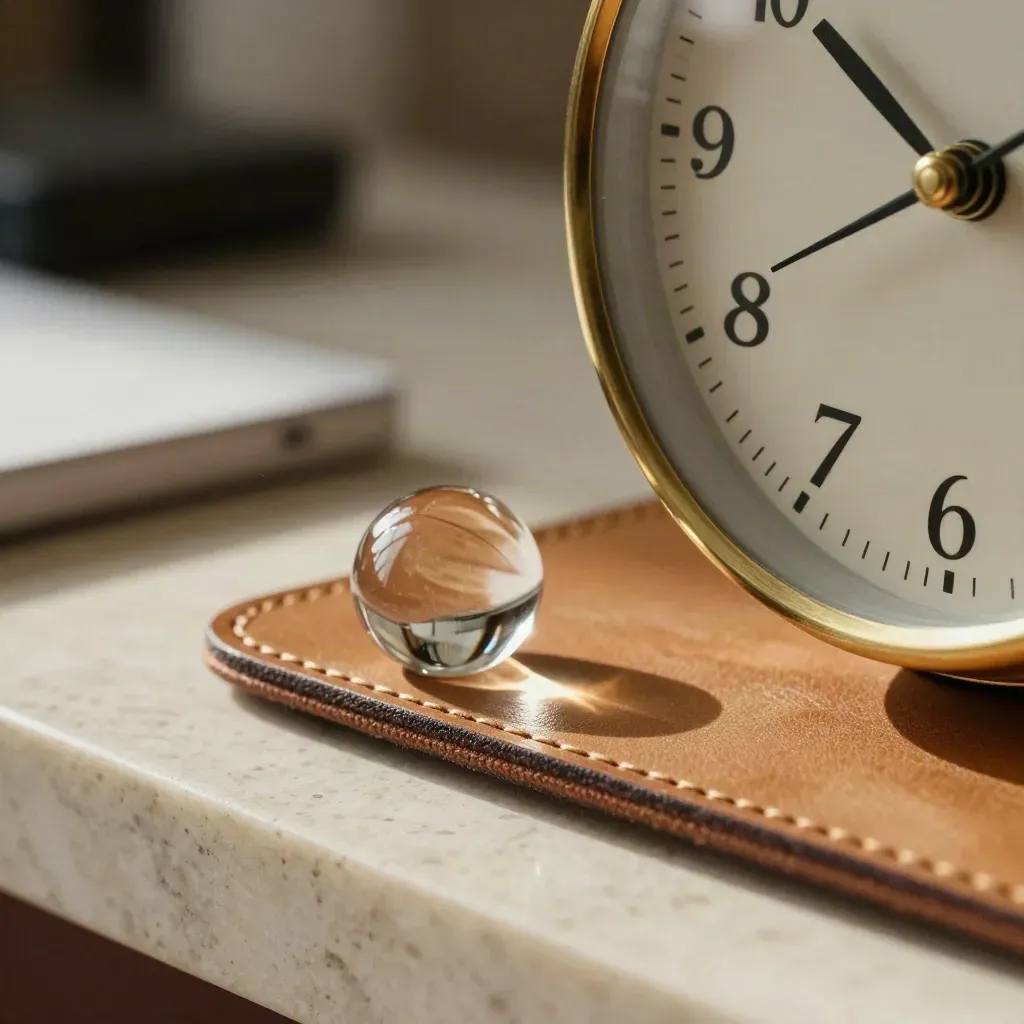 Brass klok, leren tray en glazen papiergewicht op travertin met zachte lichtval.
