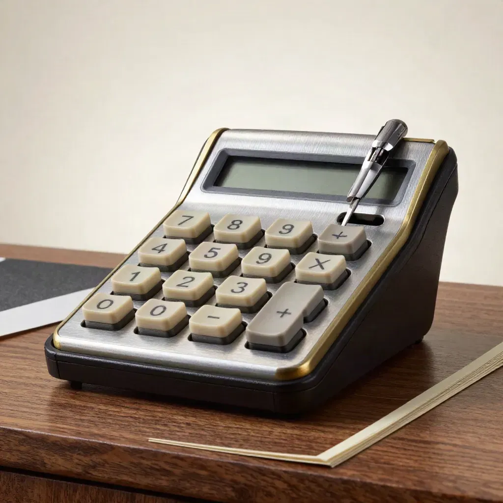 Mechanische calculator, telraam en metalen penkap in dramatisch stil leven op walnoothout.