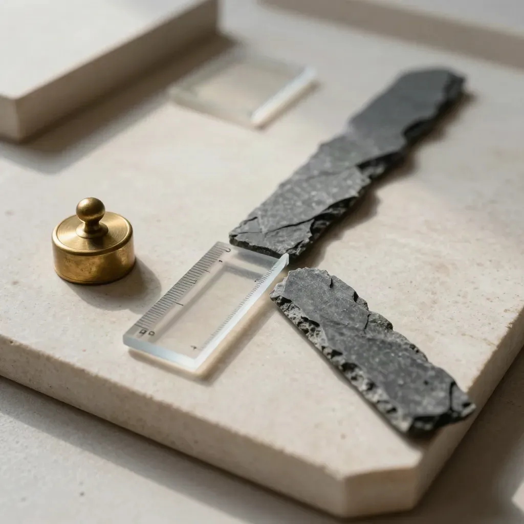 Glazen regeltegels, een messing gewicht en stenen markeringen op een ondiepe tray.