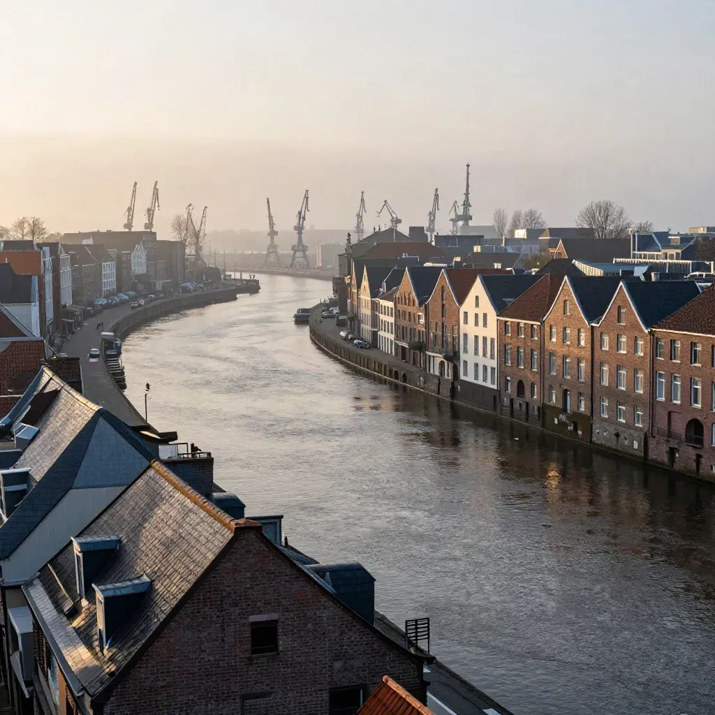 Randstad kanaalring bij zonsopkomst met mist, daken en havenkranen boven rustig water.