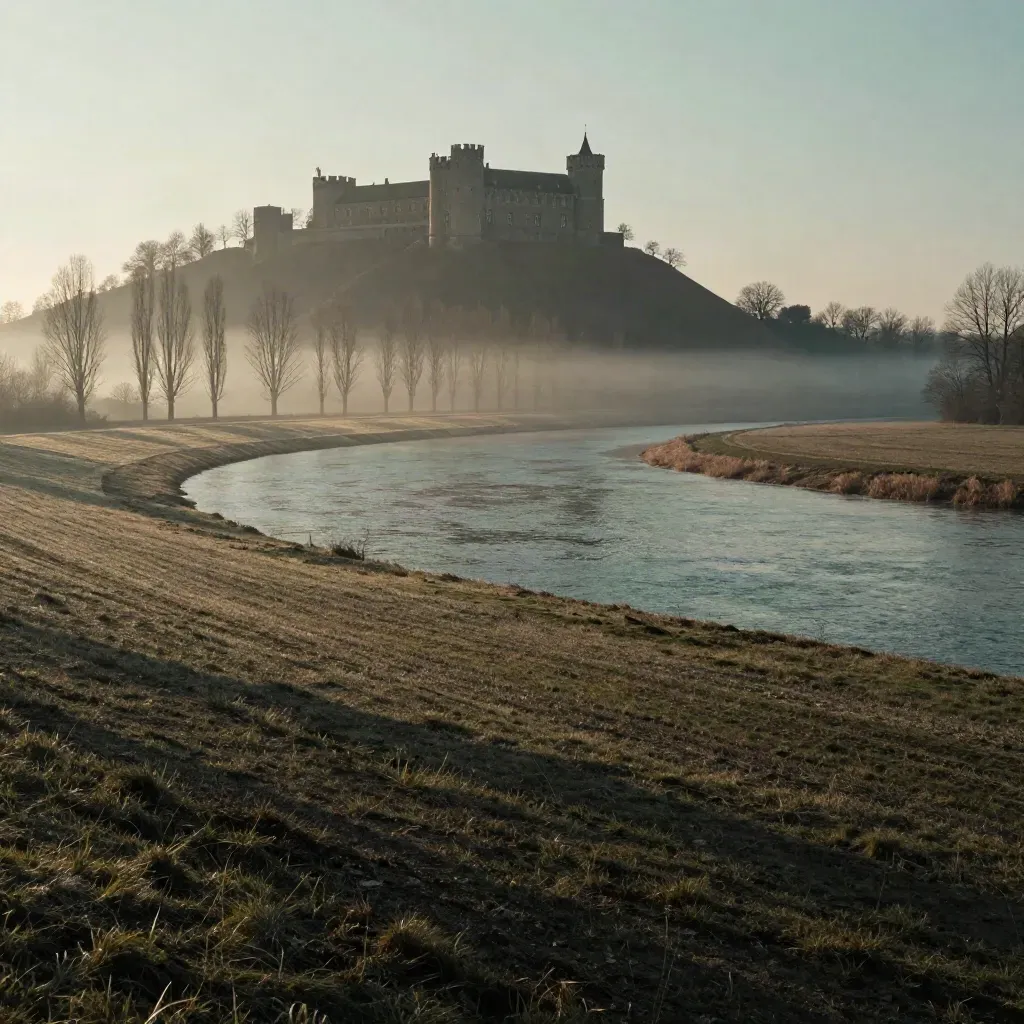 Mistige Gelderse rivierbocht met kasteelheuvel, populieren en wintervelden.