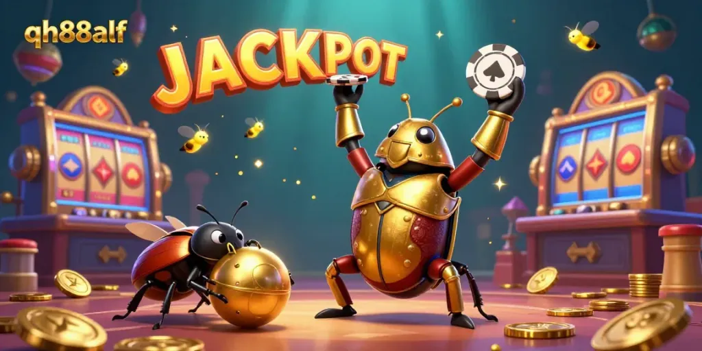 Celebrate a jackpot win with QH88ALF, featuring vibrant casino elements and triumphant characters.