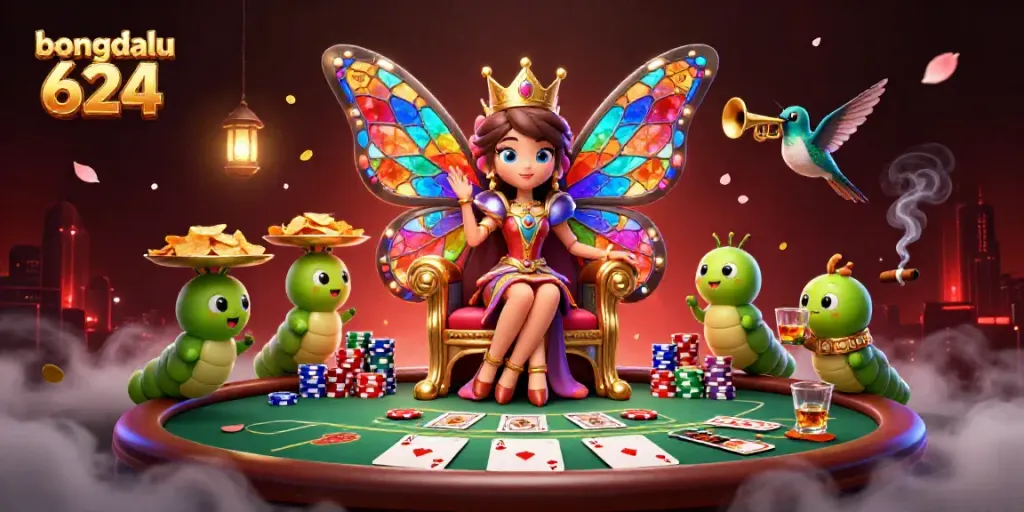 Bongdalu 624 illustration featuring a butterfly queen at a poker table amidst vibrant casino elements.