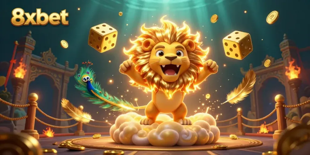 8xbet's vibrant and dynamic casino scene featuring a roaring lion, golden dice, and rich gaming elements.