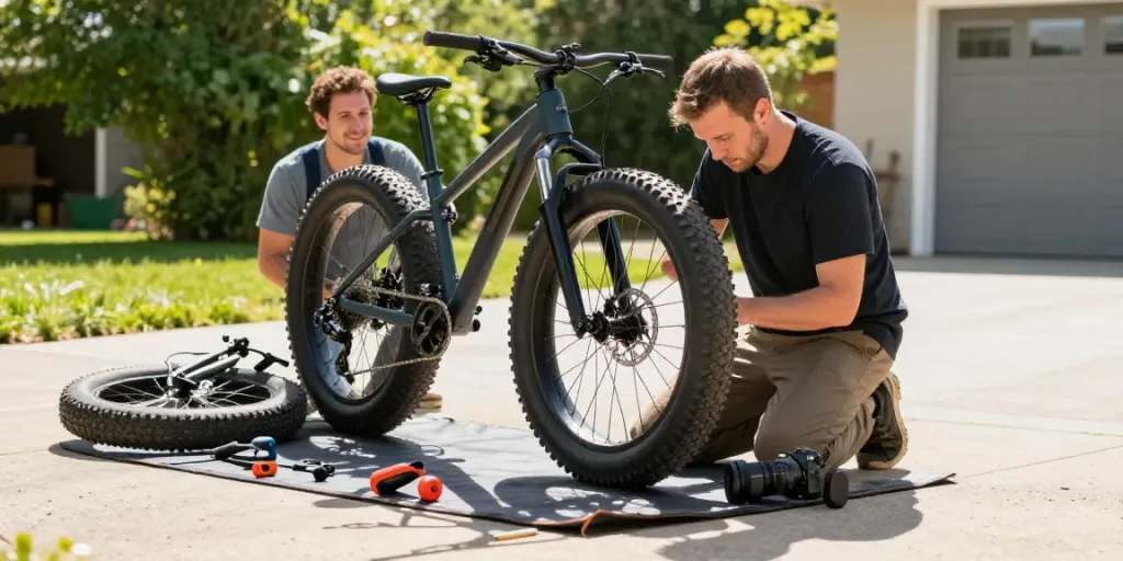 Fatbike reparatie door een mobiele monteur in de oprit met gereedschap en tevreden klant.