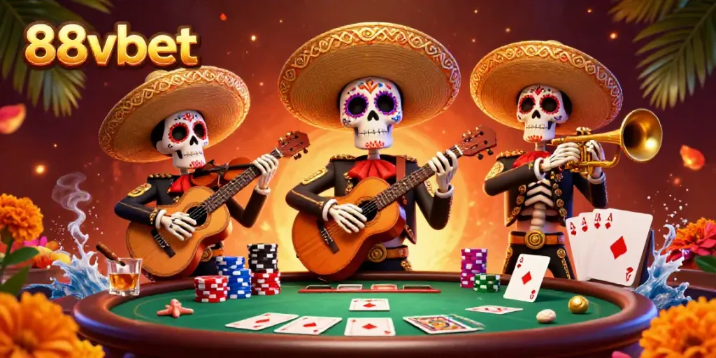 Experience vibrant 88vbet action with a lively mariachi band celebrating at a poker table.