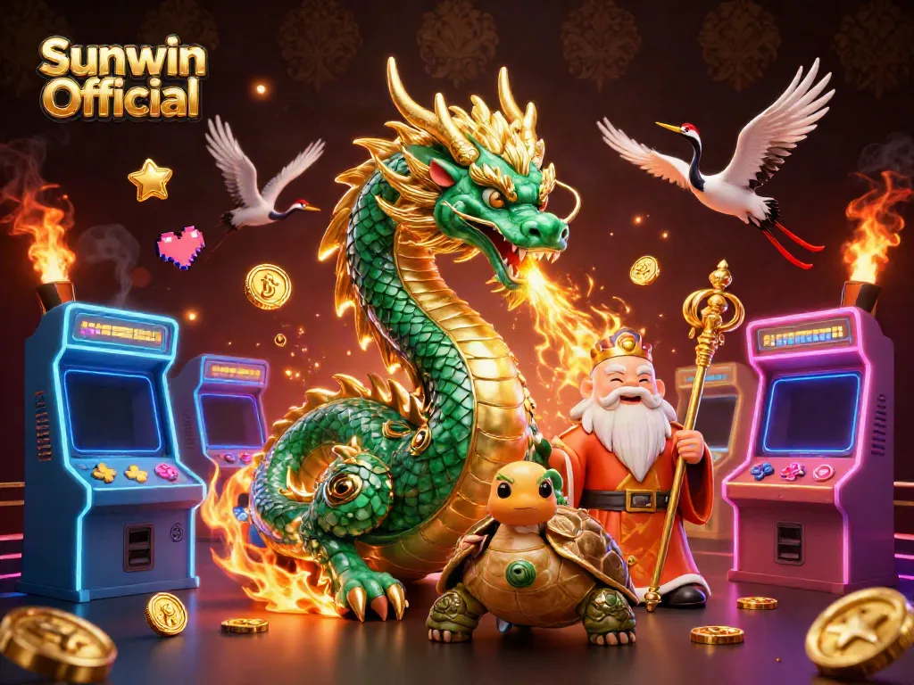 Engage with Sunwin Official in a vibrant, dynamic digital 3D casino scene showcasing luck and excitement.