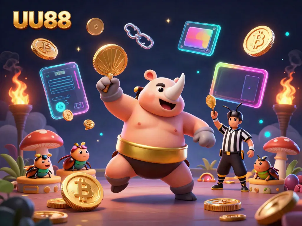 UU88 casino scene with rhinoceros beetle champion surrounded by flying coins and crypto elements