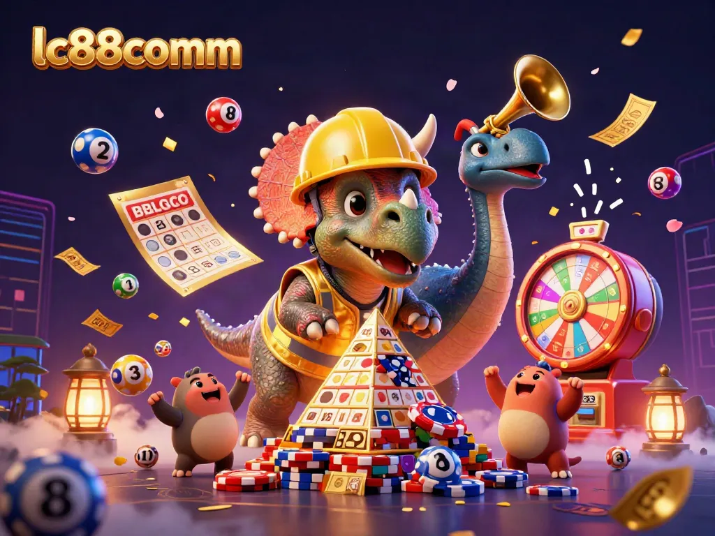 Engage with lc88comm's exciting gameplay featuring a triceratops and dynamic casino elements.