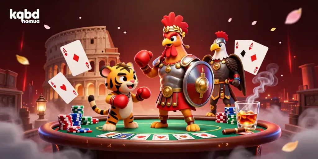 Experience the excitement with kqbd hom qua showcasing a vibrant 3D illustration of gambling elements and characters.