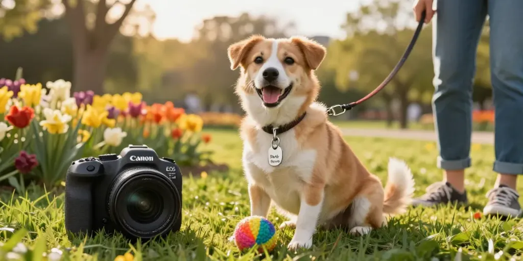 Gepersonaliseerde hondenpenning met naam aan een blije hond in het park.